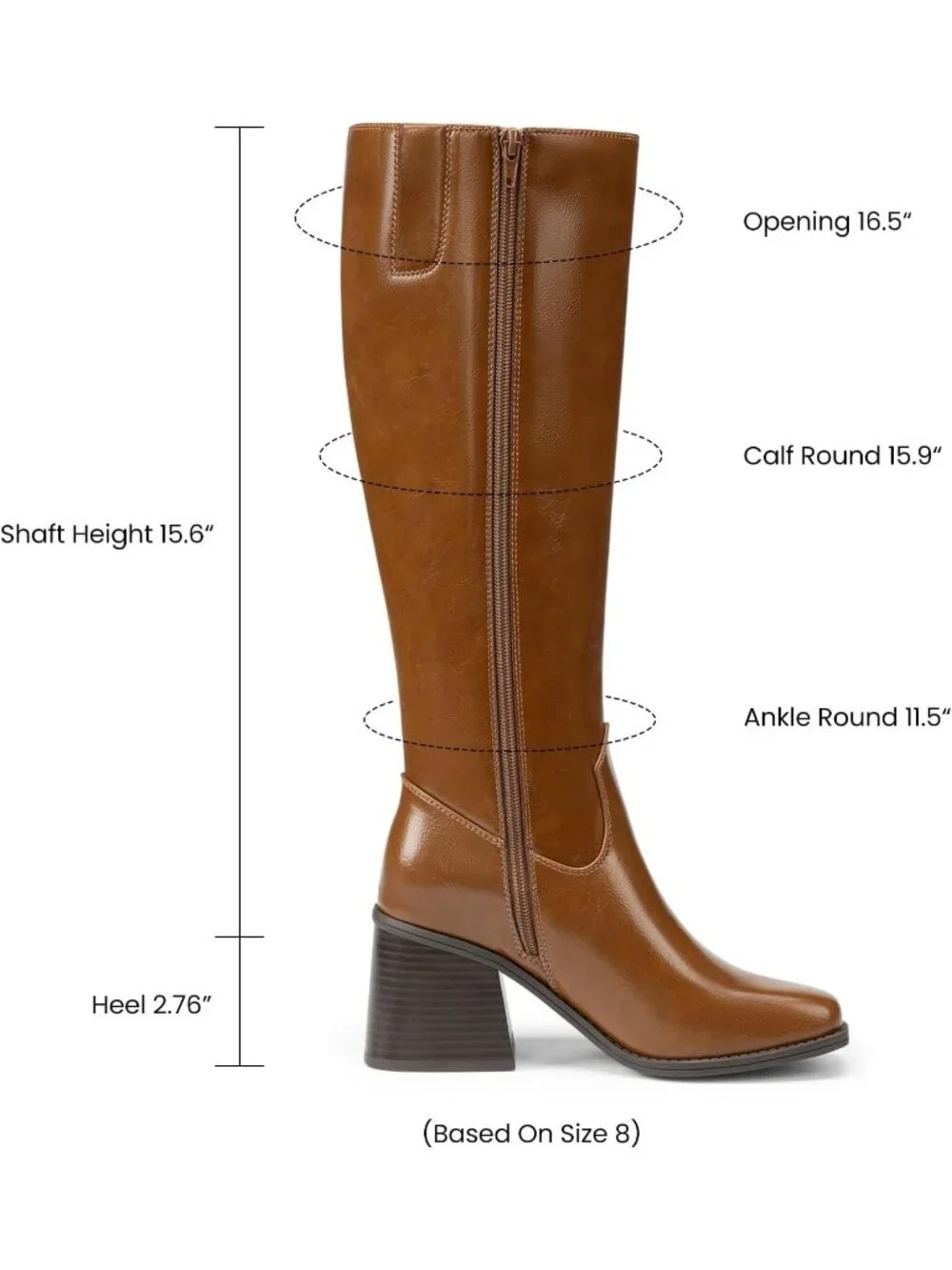 Women's Tan Chunky Block Heel Square Toe Side Zipper Knee High Boots